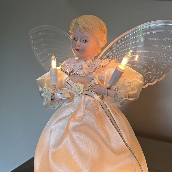 Vintage Christmas Angel Tree Topper Light Up Wings Candle White Gown - Picture 3 of 6
